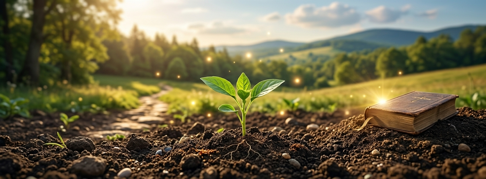 A young seedling taking root in soil beside a Bible, with sunlit hills in the background